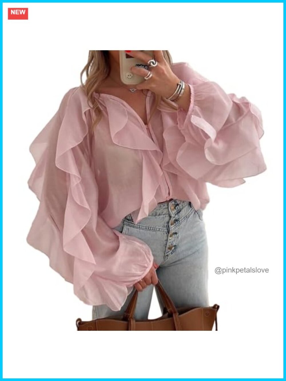 Women's Ruffle Chiffon Blouse Sheer Long Sleeve V-Neck Puff Sleeve Top